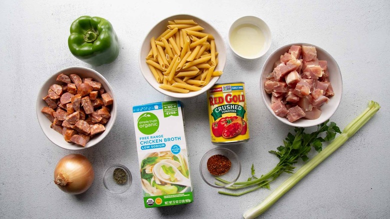pasta, chicken, sausage, vegetables and seasonings