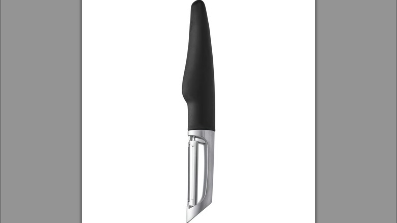 Black-handled potato peeler with stainless steel blade