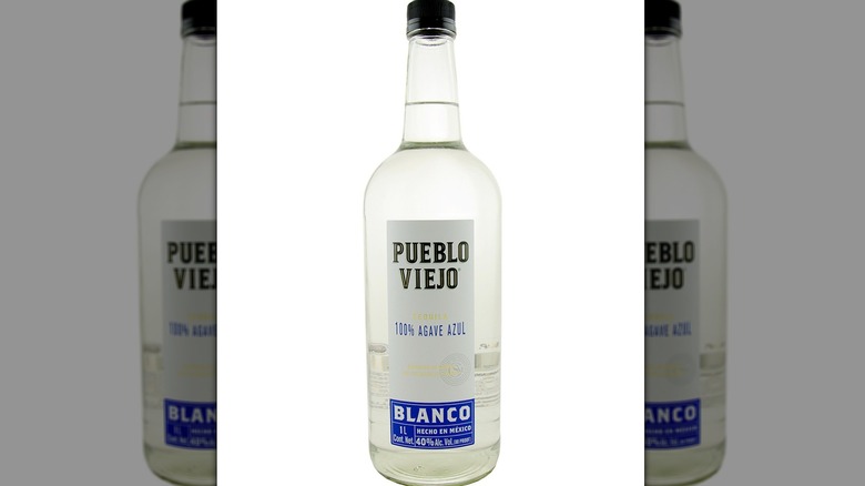 A 1 liter bottle of Pueblo Viejo blanco tequila