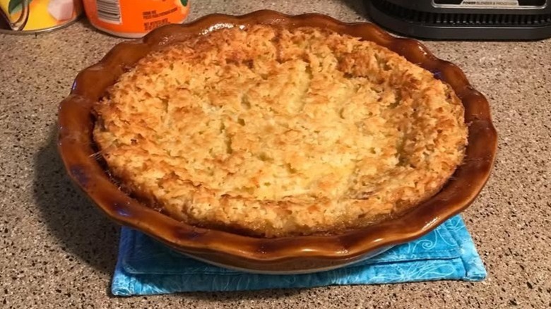 Impossible pie placed on a kitchen counter