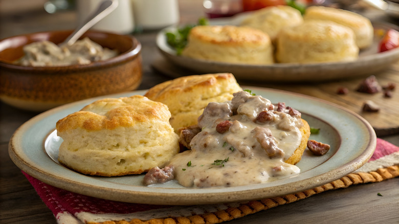 A plate of biscuits topped with sausage gravy