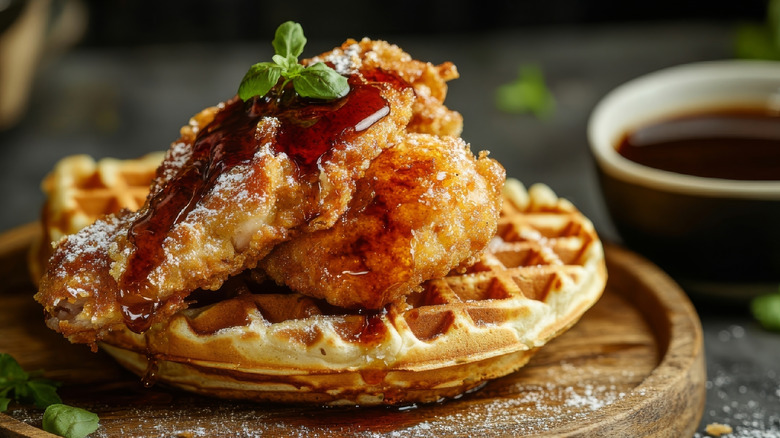 A plate of chicken and waffles topped with syrup