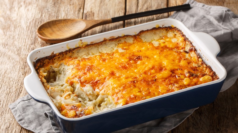 A baking dish of hash brown casserole