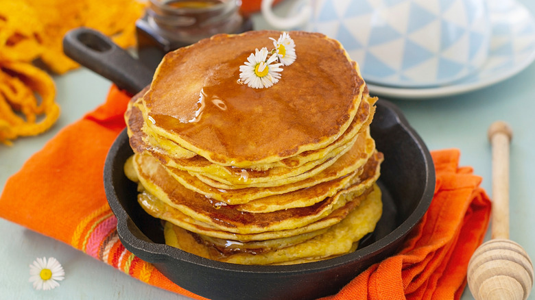 A stack of hoecakes with sorghum syrup
