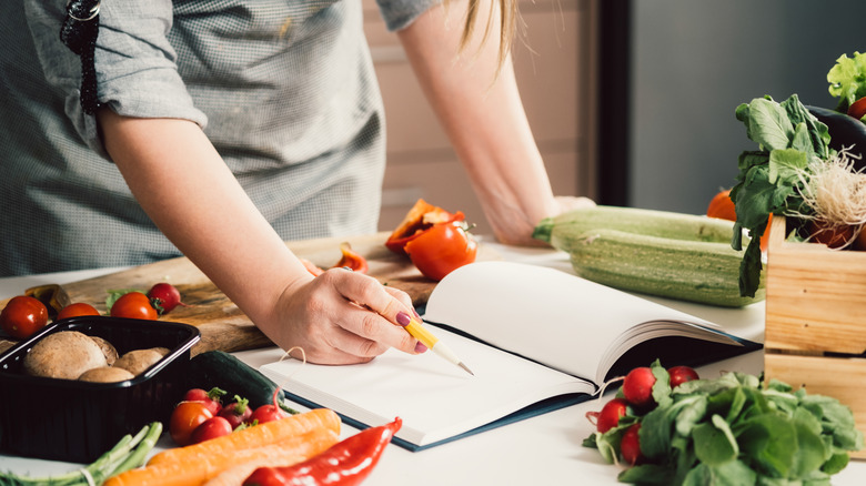cookbook in kitchen with ingredients 