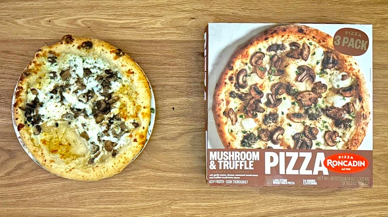 Package and baked Roncadin Mushroom Truffle Pizza on round plate
