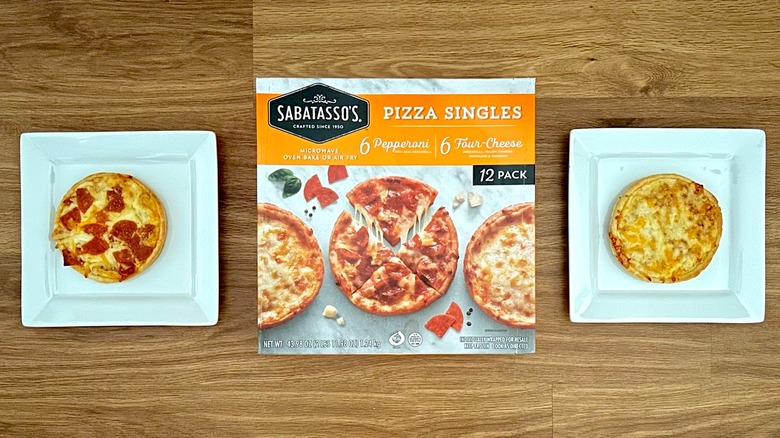 Package and baked Sabatasso's Pizza Singles cheese and pepperoni varieties on square white plates