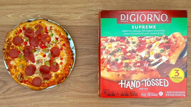 Package and baked DiGiorno Supreme Hand-Tossed on round plate