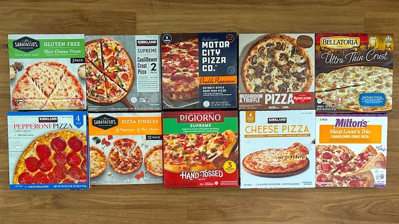 Assorted frozen pizzas from Costco in original packaging