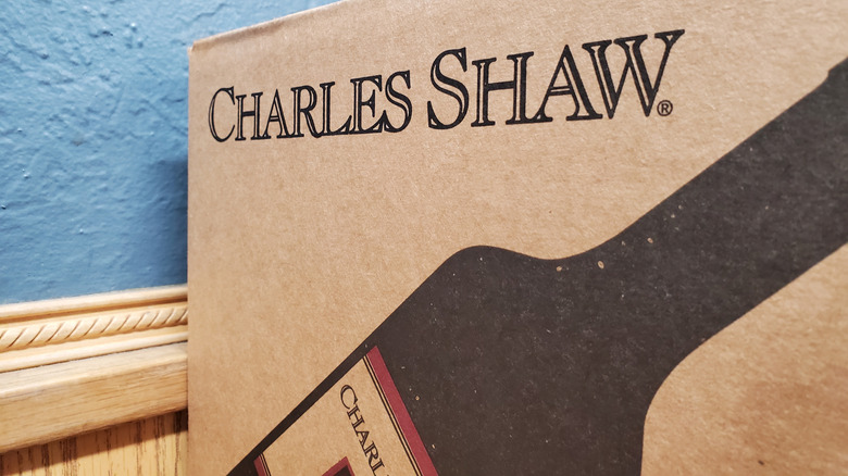A box of wine with the Charles Shaw logo on it