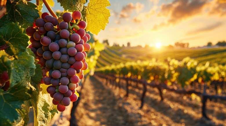 Purple grapes on the wine in a vineyard