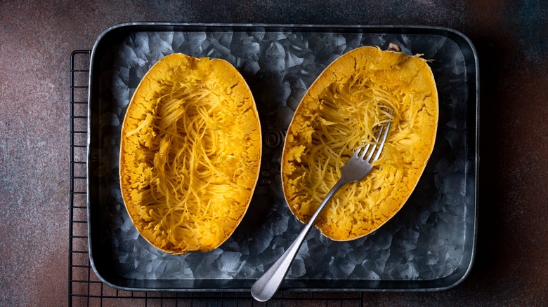 yellow spaghetti squash with fork 