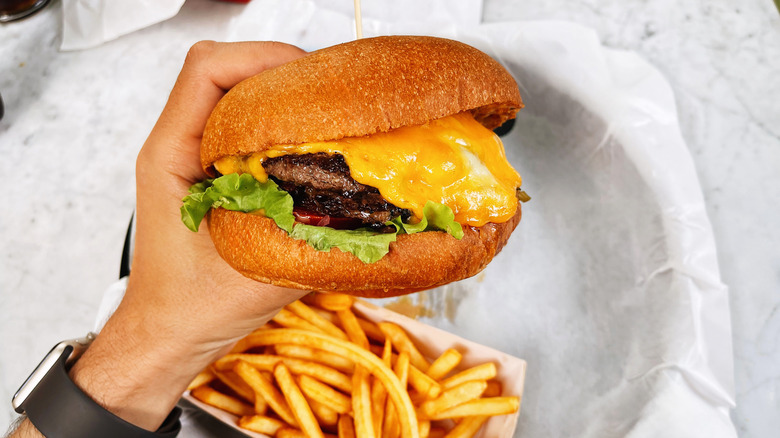 A hand holds a cheeseburger, with a basket of fries sitting underneath it