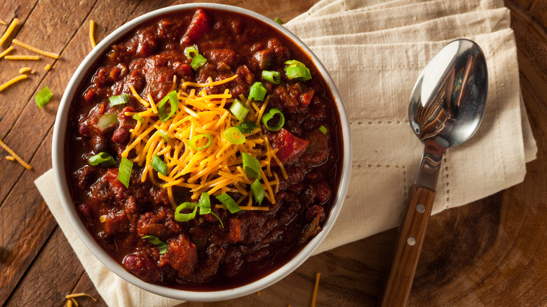 chili in bowl with cheese