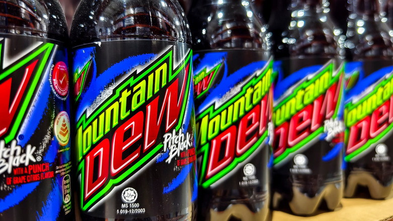 Mountain Dew bottles lined up in a row