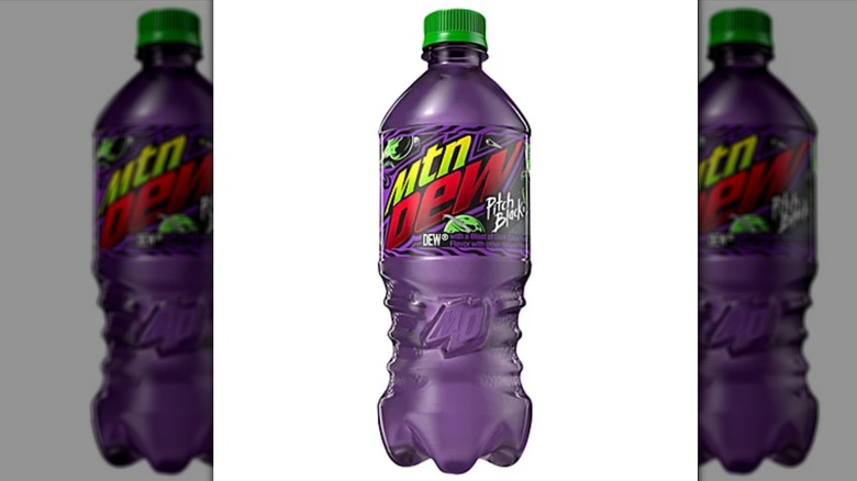 A Mountain Dew Pitch Black bottle on a white background