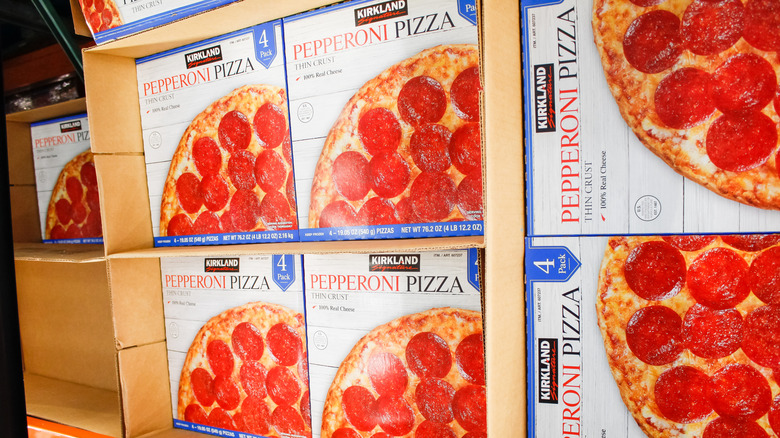 A display of Kirkland pepperoni pizza