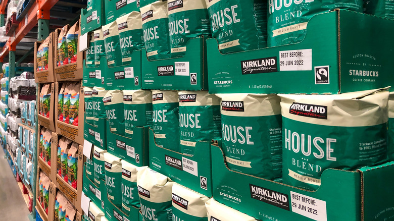 A Costco aisle full of Kirkland coffee