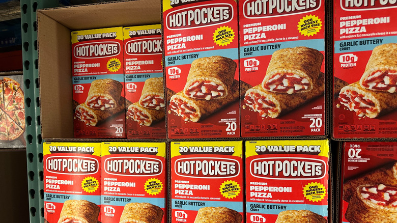 Boxes of pepperoni Hot Pockets with buttery crust