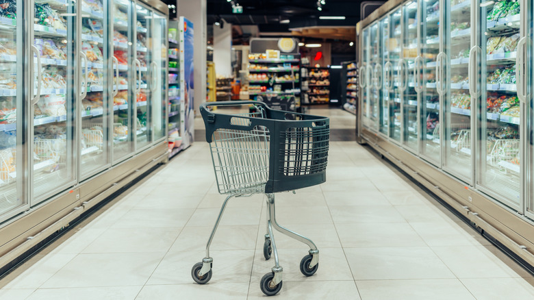 Empty shopping cart in the frozen food aisle