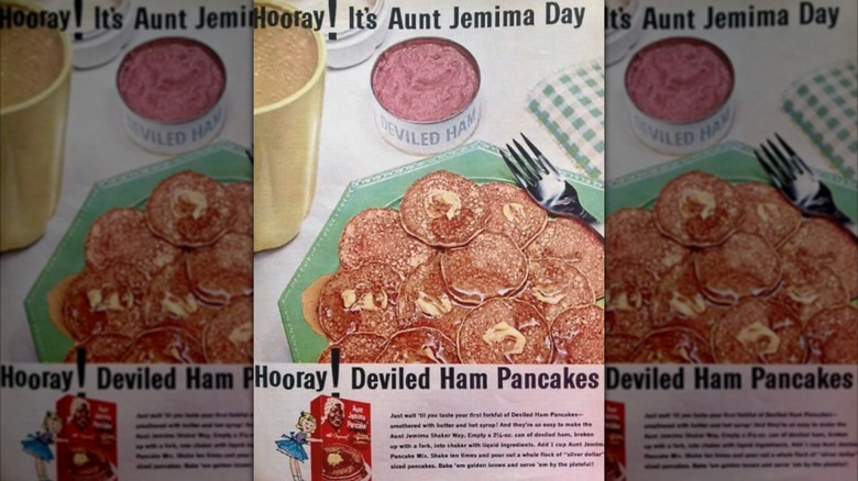 A vintage advertisement for deviled ham pancakes, created by Aunt Jemima pancakes