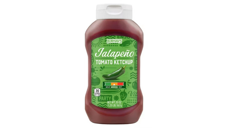 a bottle of Burman's mild jalapeño ketchup against a white background