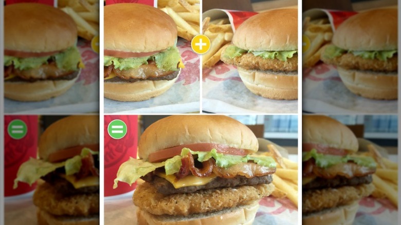 three images arranged like an equation: a Jr. Bacon Cheeseburger plus Crispy Chicken Sandwich equals the Barnyard Burger, a sandwich with beef, chicken, and bacon.