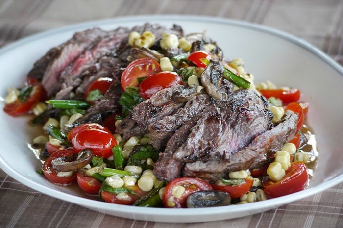 Grilled Flank Steak with Corn, Tomato, and Asparagus Salad