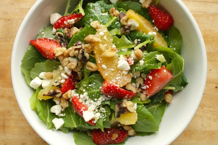 Baby Kale Salad with Fruit, Feta, and Walnuts
