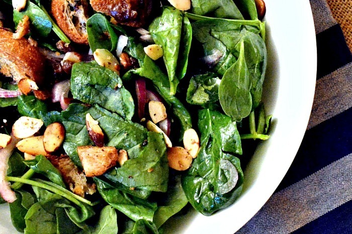 Spinach Salad with Za'atar, Dates, Almonds, and Fried Bread