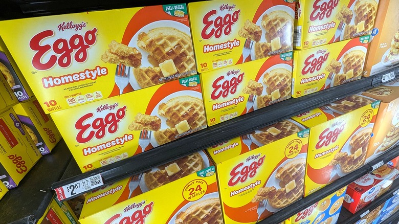 Eggo waffles containers on shelves at grocery store