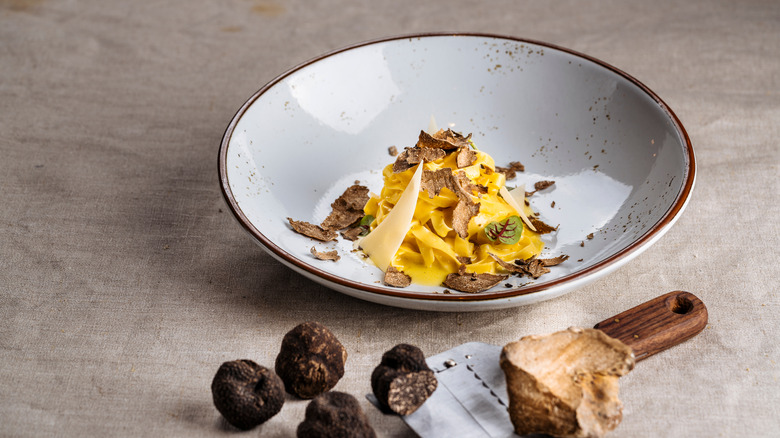 Black and white truffle over fettuccini