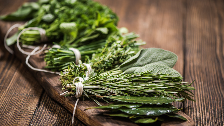 Fresh herbs tied in bundles