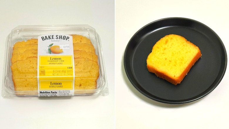A box of Bake Shop Lemon Sliced Cake Loaf next to a black plate with a slice of lemon cake