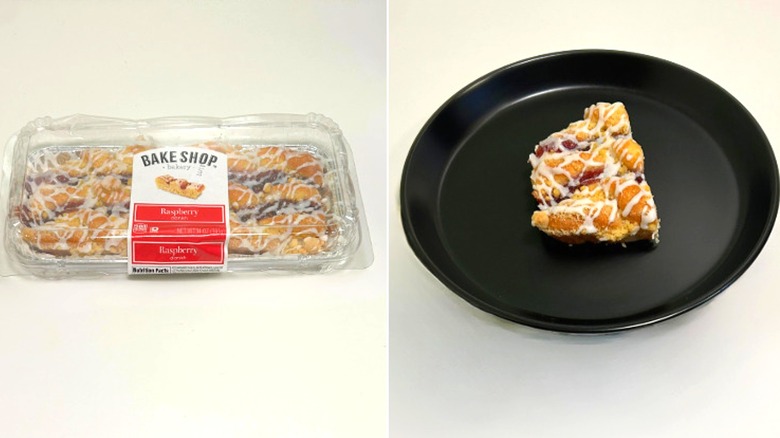 A box of Bake Shop Raspberry Strip Danish next to a black plate of Danish