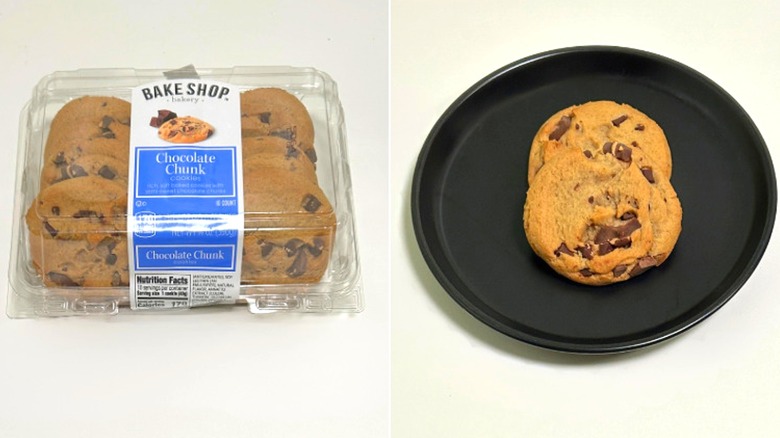 A box of Bake Shop Chocolate Chunk Cookies next to a black plate of cookies