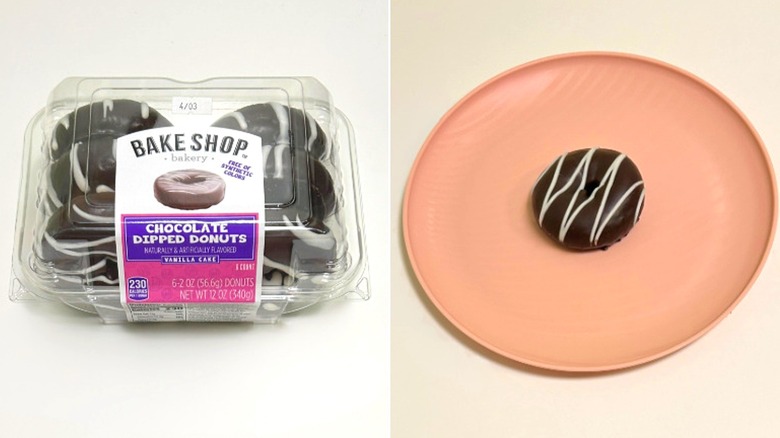 A box of Bake Shop Chocolate Dipped Donuts next to a pink plate with a donut