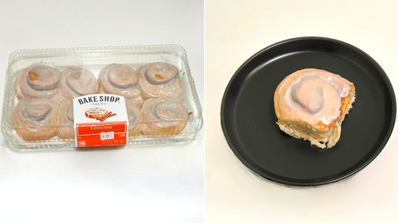 A box of Bake Shop Cinnamon Rolls next to a black plate with a cinnamon roll on it