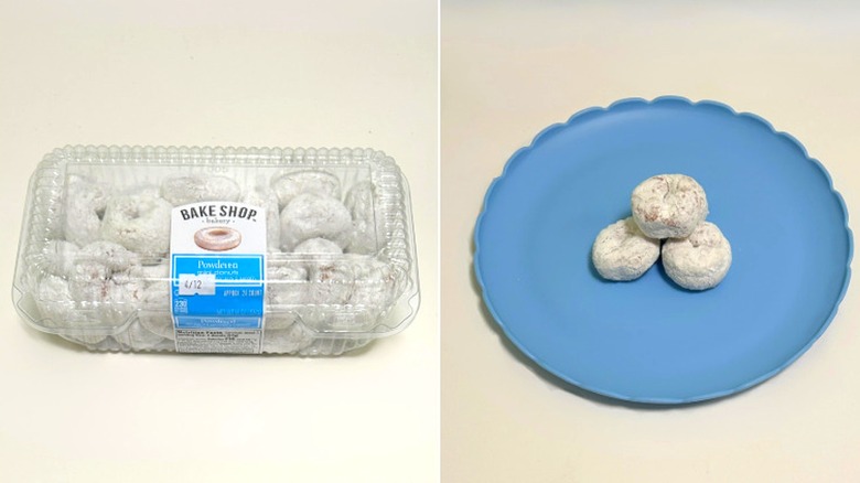 A box of Bake Shop Powdered Mini Donuts next to a blue plate of powdered mini donuts