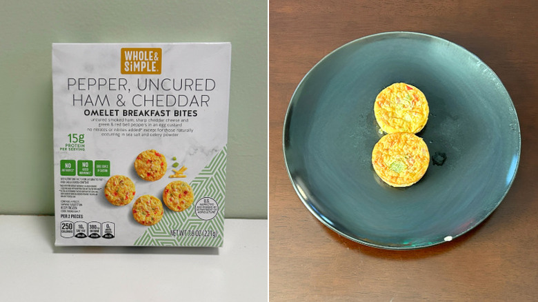 A box of Whole and Simple Omelet Breakfast Bites next to a black plate of breakfast bites