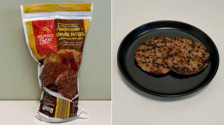 A bag of Breakfast Best Maple Sausage Patties beside a black plate of sausages