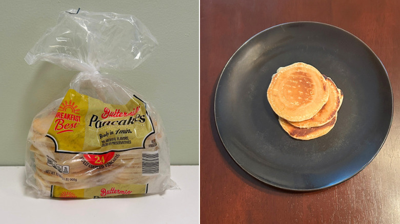 A bag of Breakfast Best Buttermilk Pancakes next to a black plate with pancakes