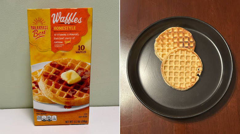 A box of Breakfast Best Homestyle Waffles next to a black plate of waffles