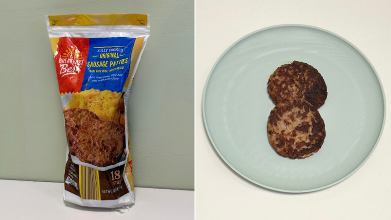 A bag of Breakfast Best Original Sausage Patties next to a blue plate of sausage patties