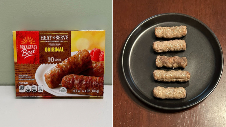 A box of Breakfast Best Original Sausage Links beside a black plate of sausage links