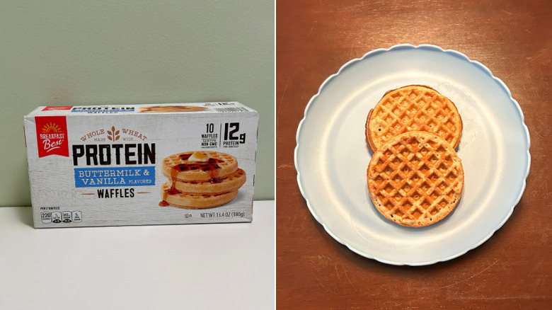 A box of Breakfast Best Protein Waffles next to a blue plate of waffles