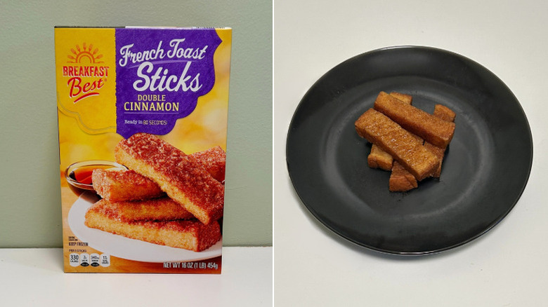 A box of Breakfast Best Cinnamon French Toast Sticks next to a black plate of French toast sticks