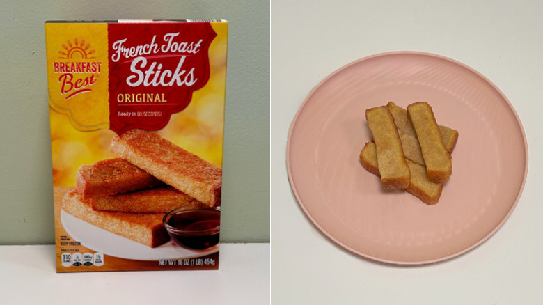 A box of Breakfast Best French Toast Sticks beside a pink plate of French toast sticks