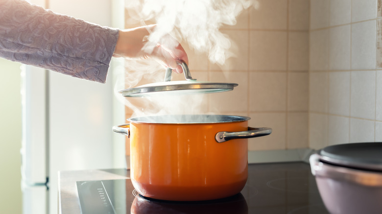 person opening steaming pot