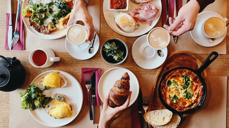 Overhead view of a French meal laid out on table